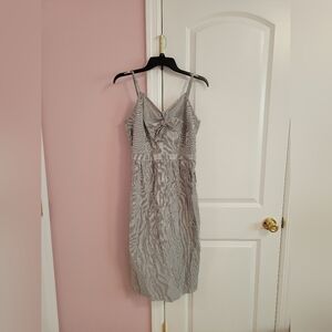 Womens Love Notes Gray and White Striped Bow-Front Linen Midi Dress- L- Summer